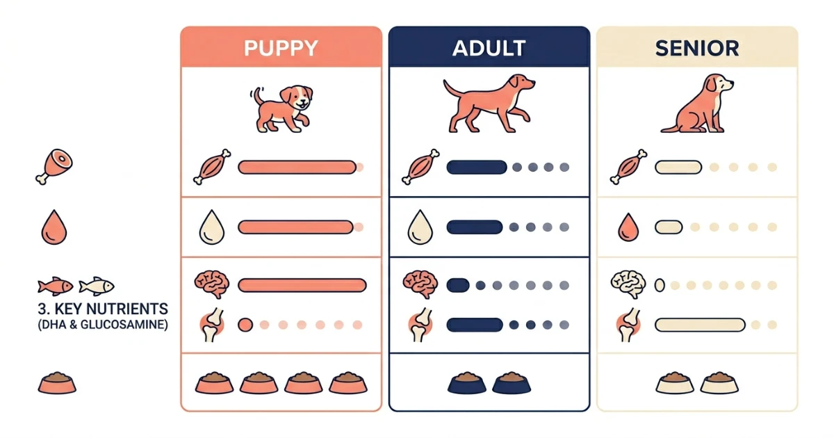 Poodle food transition chart from puppy to adult to senior with portion adjustment